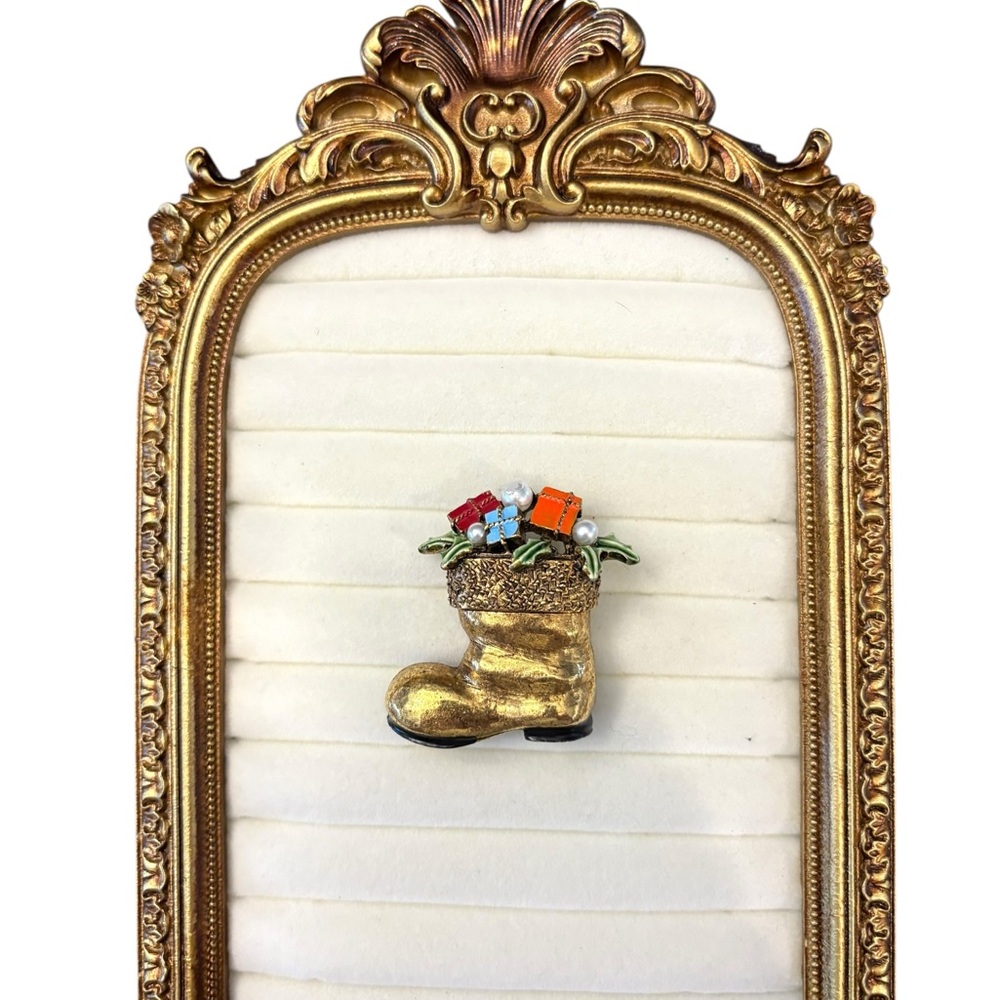 ART Signed Christmas Brooch 1960s Brass Tone Santa Boot Enameled Present Texture